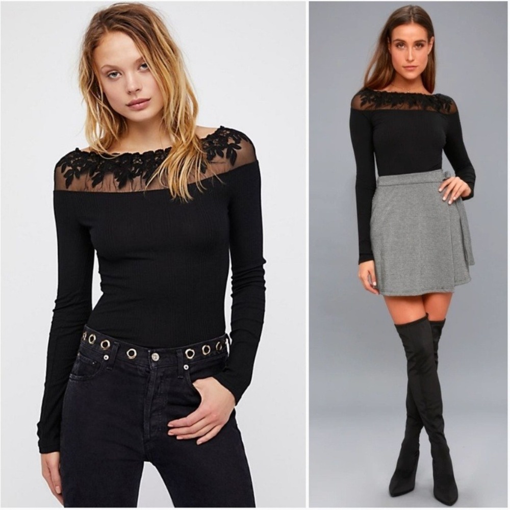 Free People Admire Me Black Ribbed Lace Mesh Off-the-Shoulder Long Sleeve Top XS